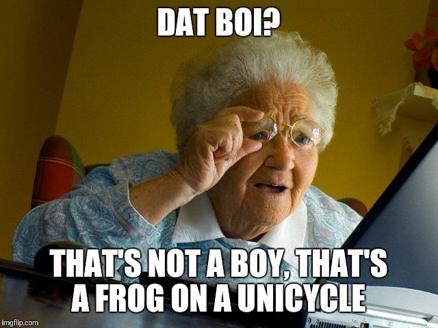 "And you spelled "that" and "boy" wrong." | DAT BOI? THAT'S NOT A BOY, THAT'S A FROG ON A UNICYCLE | image tagged in memes,grandma finds the internet,dat boi,3d animation | made w/ Imgflip meme maker
