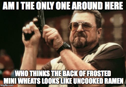 Am I The Only One Around Here | AM I THE ONLY ONE AROUND HERE; WHO THINKS THE BACK OF FROSTED MINI WHEATS LOOKS LIKE UNCOOKED RAMEN | image tagged in memes,am i the only one around here | made w/ Imgflip meme maker
