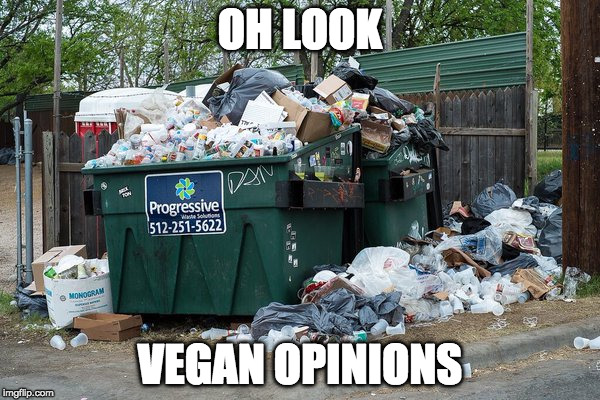 You're a vegan? You don't say... | OH LOOK; VEGAN OPINIONS | image tagged in garbage,vegan,bacon | made w/ Imgflip meme maker