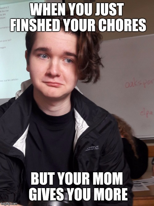 Pascal sad | WHEN YOU JUST FINSHED YOUR CHORES; BUT YOUR MOM GIVES YOU MORE | image tagged in pascal sad | made w/ Imgflip meme maker