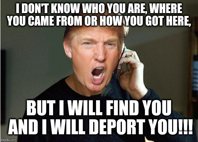 Taken by Trump | I DON'T KNOW WHO YOU ARE, WHERE YOU CAME FROM OR HOW YOU GOT HERE, BUT I WILL FIND YOU AND I WILL DEPORT YOU!!! | image tagged in trump taken,deportation,taken,memes | made w/ Imgflip meme maker