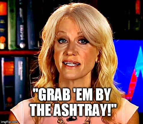 "GRAB 'EM BY THE ASHTRAY!" | image tagged in memes,kellyanne conway,kellyanne conway alternative facts,grab them by the pussy | made w/ Imgflip meme maker