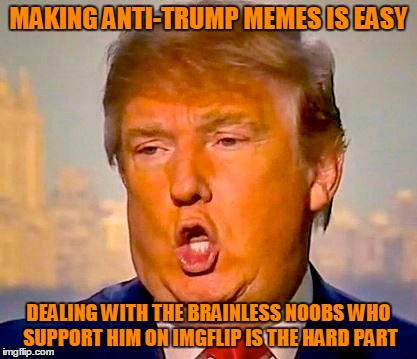 MAKING ANTI-TRUMP MEMES IS EASY DEALING WITH THE BRAINLESS NOOBS WHO SUPPORT HIM ON IMGFLIP IS THE HARD PART | made w/ Imgflip meme maker