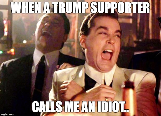 Goodfellas Laugh | WHEN A TRUMP SUPPORTER; CALLS ME AN IDIOT.. | image tagged in goodfellas laugh | made w/ Imgflip meme maker