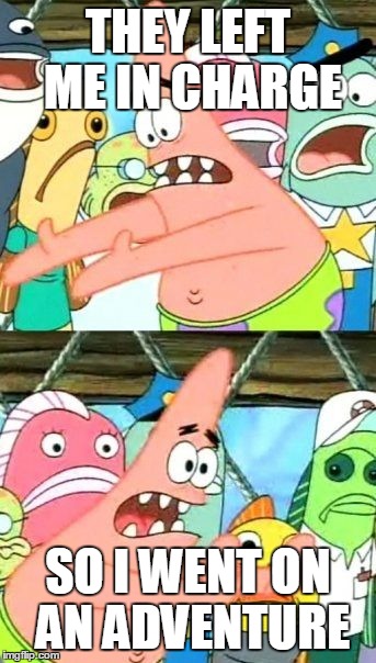 Put It Somewhere Else Patrick | THEY LEFT ME IN CHARGE; SO I WENT ON AN ADVENTURE | image tagged in memes,put it somewhere else patrick | made w/ Imgflip meme maker