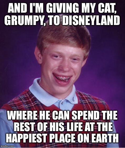 Bad Luck Brian Meme | AND I'M GIVING MY CAT, GRUMPY, TO DISNEYLAND WHERE HE CAN SPEND THE REST OF HIS LIFE AT THE HAPPIEST PLACE ON EARTH | image tagged in memes,bad luck brian | made w/ Imgflip meme maker