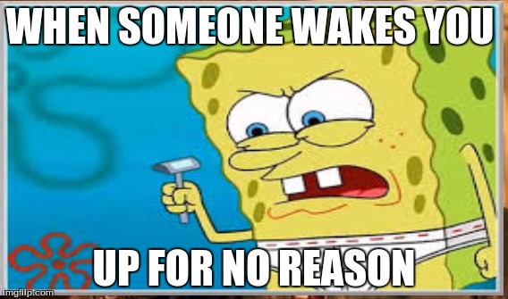 spongebob  | WHEN SOMEONE WAKES YOU; UP FOR NO REASON | image tagged in spongebob waking up | made w/ Imgflip meme maker