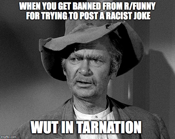 What in tarnation | WHEN YOU GET BANNED FROM R/FUNNY FOR TRYING TO POST A RACIST JOKE; WUT IN TARNATION | image tagged in what in tarnation | made w/ Imgflip meme maker