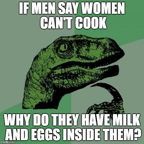 Philosoraptor Meme | IF MEN SAY WOMEN CAN'T COOK; WHY DO THEY HAVE MILK AND EGGS INSIDE THEM? | image tagged in memes,philosoraptor | made w/ Imgflip meme maker