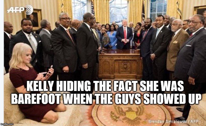 Kelly on the couch | KELLY HIDING THE FACT SHE WAS BAREFOOT WHEN THE GUYS SHOWED UP | image tagged in kellyanne conway | made w/ Imgflip meme maker