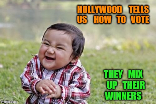 Evil Toddler Meme | HOLLYWOOD    TELLS  US    HOW   TO   VOTE; THEY   MIX   UP   THEIR   WINNERS | image tagged in memes,evil toddler | made w/ Imgflip meme maker