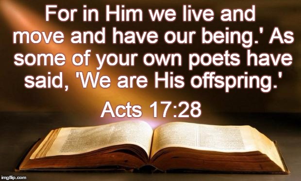 Bible  | For in Him we live and move and have our being.' As some of your own poets have said, 'We are His offspring.' Acts 17:28 | image tagged in bible | made w/ Imgflip meme maker
