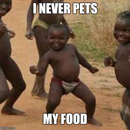 Third World Success Kid Meme | I NEVER PETS MY FOOD | image tagged in memes,third world success kid | made w/ Imgflip meme maker