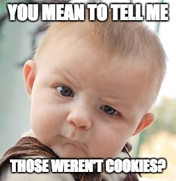 Skeptical Baby | YOU MEAN TO TELL ME; THOSE WEREN'T COOKIES? | image tagged in memes,skeptical baby | made w/ Imgflip meme maker