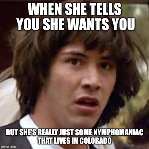 Conspiracy Keanu Meme | WHEN SHE TELLS YOU SHE WANTS YOU; BUT SHE'S REALLY JUST SOME NYMPHOMANIAC THAT LIVES IN COLORADO | image tagged in memes,conspiracy keanu | made w/ Imgflip meme maker