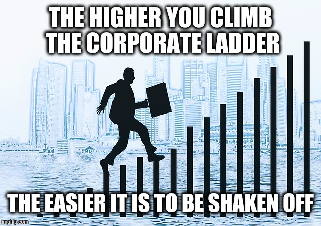 THE HIGHER YOU CLIMB THE CORPORATE LADDER THE EASIER IT IS TO BE SHAKEN OFF | made w/ Imgflip meme maker