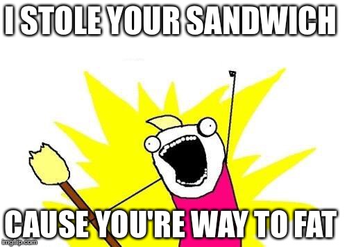 X All The Y Meme | I STOLE YOUR SANDWICH CAUSE YOU'RE WAY TO FAT | image tagged in memes,x all the y | made w/ Imgflip meme maker