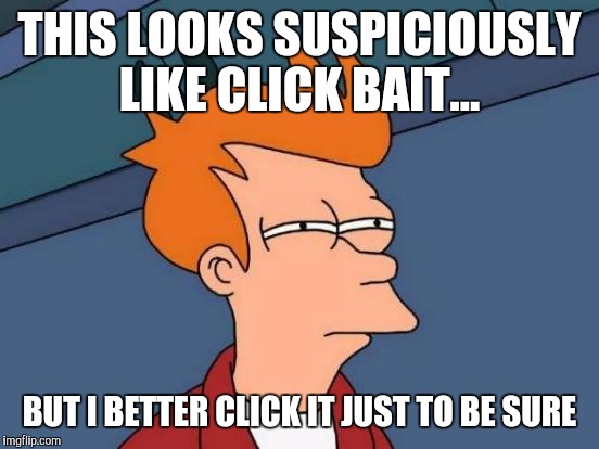 Futurama Fry | THIS LOOKS SUSPICIOUSLY LIKE CLICK BAIT... BUT I BETTER CLICK IT JUST TO BE SURE | image tagged in memes,futurama fry | made w/ Imgflip meme maker