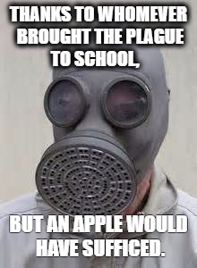 Gas mask | THANKS TO WHOMEVER BROUGHT THE PLAGUE TO SCHOOL, BUT AN APPLE WOULD HAVE SUFFICED. | image tagged in gas mask | made w/ Imgflip meme maker