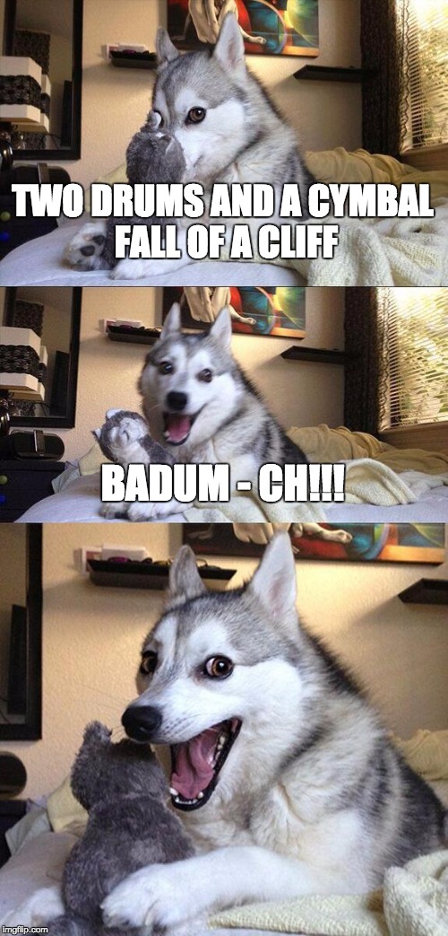 Bad Pun Dog | TWO DRUMS AND A CYMBAL FALL OF A CLIFF; BADUM - CH!!! | image tagged in memes,bad pun dog,hahaha,mwahahaha,why | made w/ Imgflip meme maker