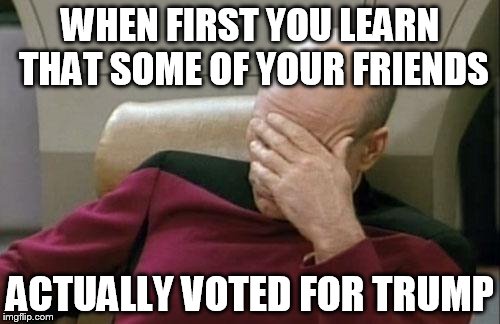 Captain Picard Facepalm Meme | WHEN FIRST YOU LEARN THAT SOME OF YOUR FRIENDS; ACTUALLY VOTED FOR TRUMP | image tagged in memes,captain picard facepalm | made w/ Imgflip meme maker