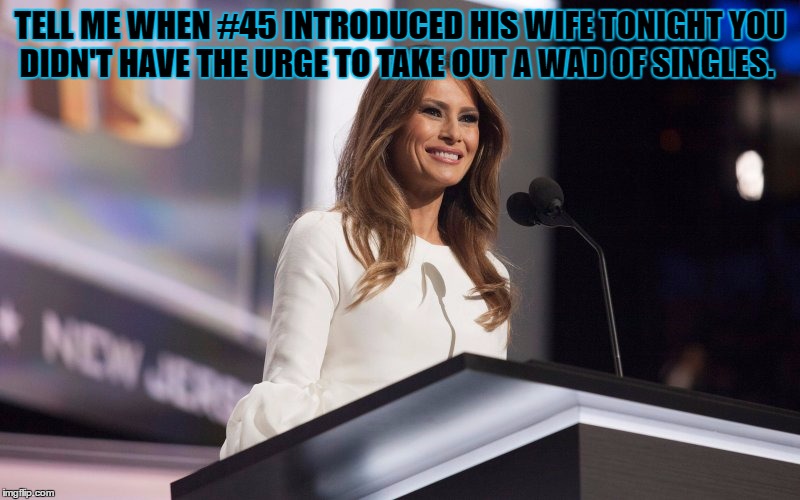 Malania | TELL ME WHEN #45 INTRODUCED HIS WIFE TONIGHT YOU DIDN'T HAVE THE URGE TO TAKE OUT A WAD OF SINGLES. | image tagged in malania | made w/ Imgflip meme maker