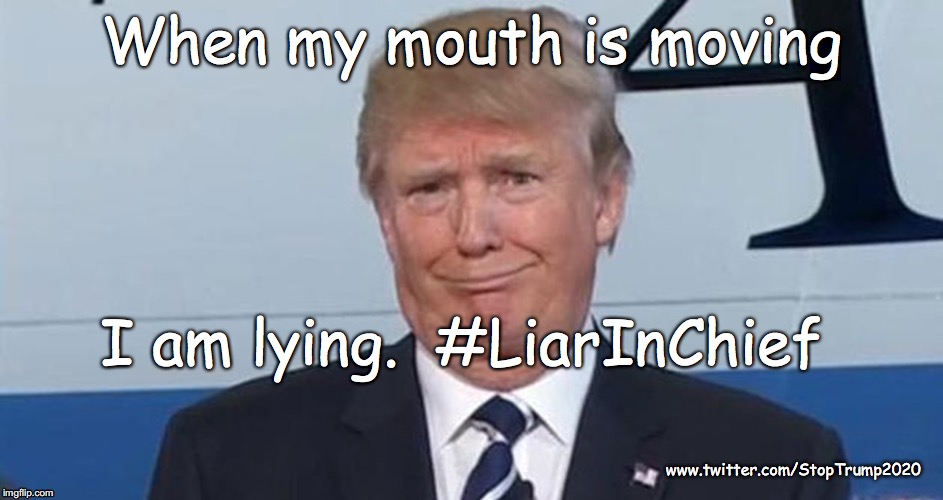 Liar in Chief | When my mouth is moving; I am lying.  #LiarInChief; www.twitter.com/StopTrump2020 | image tagged in donald trump,liar liar | made w/ Imgflip meme maker