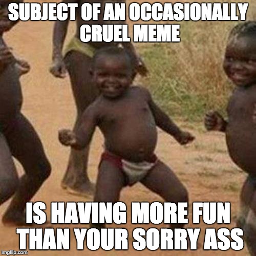 Third World Success Kid Meme | SUBJECT OF AN OCCASIONALLY CRUEL MEME; IS HAVING MORE FUN THAN YOUR SORRY ASS | image tagged in memes,third world success kid | made w/ Imgflip meme maker