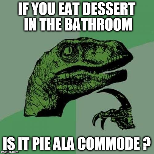 Philosoraptor Meme | IF YOU EAT DESSERT IN THE BATHROOM; IS IT PIE ALA COMMODE ? | image tagged in memes,philosoraptor | made w/ Imgflip meme maker