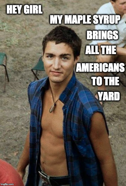 O Canada, O Trudeau | HEY GIRL; MY MAPLE SYRUP; BRINGS; ALL THE; AMERICANS; TO THE; YARD | image tagged in trudeau,bae,canada,maple syrup,trump,america | made w/ Imgflip meme maker