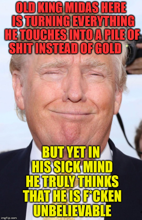 Trumpster | OLD KING MIDAS HERE  IS TURNING EVERYTHING HE TOUCHES INTO A PILE OF SHIT INSTEAD OF GOLD; BUT YET IN HIS SICK MIND HE TRULY THINKS THAT HE IS F*CKEN UNBELIEVABLE | image tagged in trumpster | made w/ Imgflip meme maker