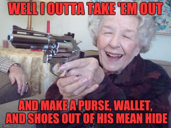 Old lady takes aim | WELL I OUTTA TAKE 'EM OUT AND MAKE A PURSE, WALLET, AND SHOES OUT OF HIS MEAN HIDE | image tagged in old lady takes aim | made w/ Imgflip meme maker