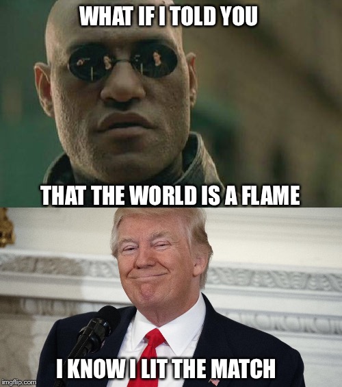 World Bonfire | WHAT IF I TOLD YOU; THAT THE WORLD IS A FLAME; I KNOW I LIT THE MATCH | image tagged in donald trump,matrix morpheus | made w/ Imgflip meme maker