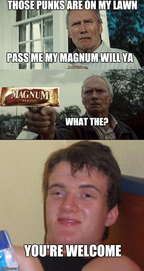 Clint's new rookie | THOSE PUNKS ARE ON MY LAWN; PASS ME MY MAGNUM WILL YA; WHAT THE? YOU'RE WELCOME | image tagged in clint eastwood,mad clint eastwood,funny,10 guy | made w/ Imgflip meme maker