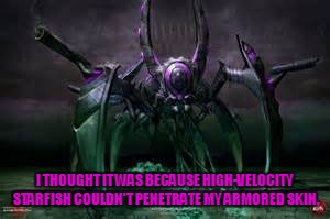 I THOUGHT IT WAS BECAUSE HIGH-VELOCITY STARFISH COULDN'T PENETRATE MY ARMORED SKIN. | made w/ Imgflip meme maker