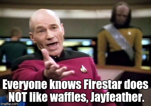 Picard Wtf Meme | Everyone knows Firestar does NOT like waffles, Jayfeather. | image tagged in memes,picard wtf | made w/ Imgflip meme maker