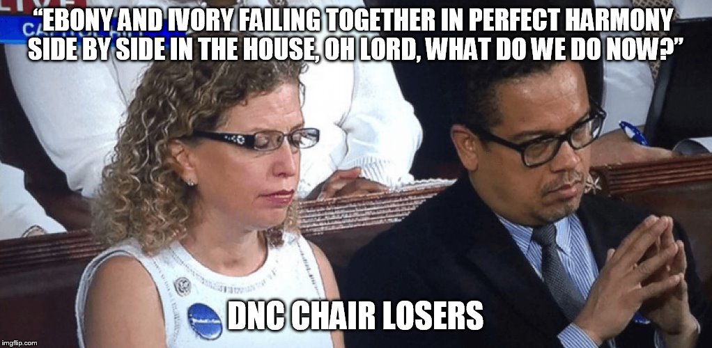 DNC CHAIR LOSERS | “EBONY AND IVORY FAILING TOGETHER IN PERFECT HARMONY SIDE BY SIDE IN THE HOUSE, OH LORD, WHAT DO WE DO NOW?”; DNC CHAIR LOSERS | image tagged in dnc losers,debbie wasserman schultz,keith ellison | made w/ Imgflip meme maker