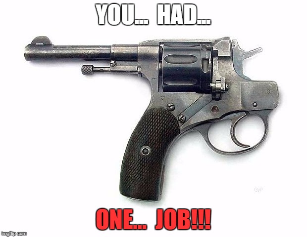 FREEZE! I'VE GOT A GUN!! | YOU...  HAD... ONE...  JOB!!! | image tagged in you had one job,guns | made w/ Imgflip meme maker