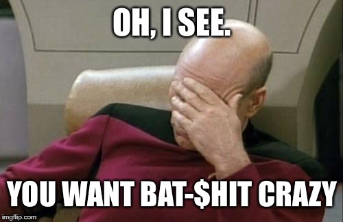 Captain Picard Facepalm Meme | OH, I SEE. YOU WANT BAT-$HIT CRAZY | image tagged in memes,captain picard facepalm | made w/ Imgflip meme maker