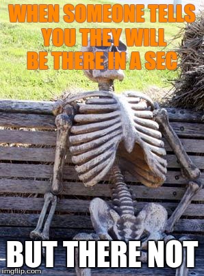 Waiting Skeleton | WHEN SOMEONE TELLS YOU THEY WILL BE THERE IN A SEC; BUT THERE NOT | image tagged in memes,waiting skeleton | made w/ Imgflip meme maker