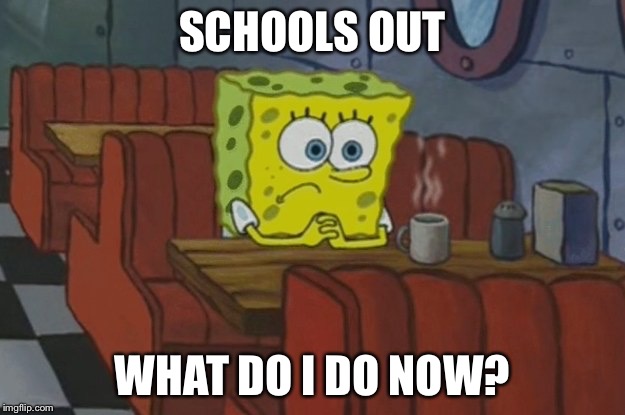 SCHOOLS OUT; WHAT DO I DO NOW? | image tagged in spongebob thinking | made w/ Imgflip meme maker