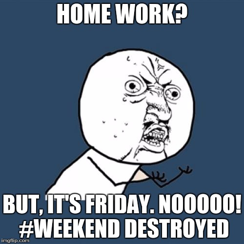 Y U No Meme | HOME WORK? BUT, IT'S FRIDAY. NOOOOO! #WEEKEND DESTROYED | image tagged in memes,y u no | made w/ Imgflip meme maker