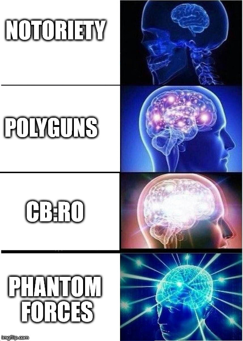Expanding Brain Meme | NOTORIETY; POLYGUNS; CB:RO; PHANTOM FORCES | image tagged in expanding brain | made w/ Imgflip meme maker