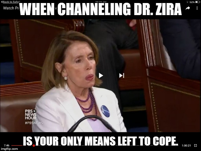 WHEN CHANNELING DR. ZIRA; IS YOUR ONLY MEANS LEFT TO COPE. | image tagged in pelosi | made w/ Imgflip meme maker