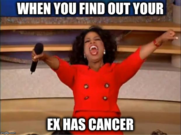 Oprah You Get A Meme | WHEN YOU FIND OUT YOUR; EX HAS CANCER | image tagged in memes,oprah you get a | made w/ Imgflip meme maker