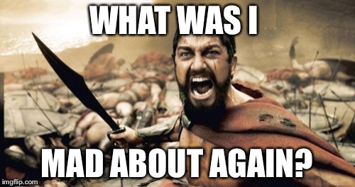 Sparta Leonidas Meme | WHAT WAS I; MAD ABOUT AGAIN? | image tagged in memes,sparta leonidas | made w/ Imgflip meme maker