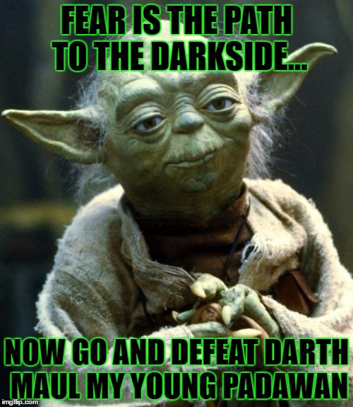 Yoda when he hasn't had his coffee yet | FEAR IS THE PATH TO THE DARKSIDE... NOW GO AND DEFEAT DARTH MAUL MY YOUNG PADAWAN | image tagged in memes,star wars yoda | made w/ Imgflip meme maker