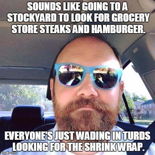 Nuggets of Wisdom | SOUNDS LIKE GOING TO A STOCKYARD TO LOOK FOR GROCERY STORE STEAKS AND HAMBURGER. EVERYONE'S JUST WADING IN TURDS LOOKING FOR THE SHRINK WRAP. | image tagged in inspirational quote,steak,words of wisdom,sunglasses,beard,quotable nils | made w/ Imgflip meme maker