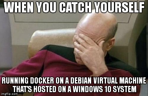 Glitching at warp speed… | WHEN YOU CATCH YOURSELF; RUNNING DOCKER ON A DEBIAN VIRTUAL MACHINE THAT’S HOSTED ON A WINDOWS 10 SYSTEM | image tagged in memes,captain picard facepalm,funny,virtual,docker,vm | made w/ Imgflip meme maker