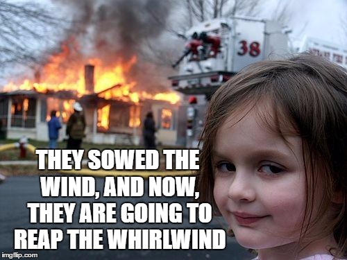 Disaster Girl | THEY SOWED THE WIND, AND NOW, THEY ARE GOING TO REAP THE WHIRLWIND | image tagged in memes,disaster girl | made w/ Imgflip meme maker